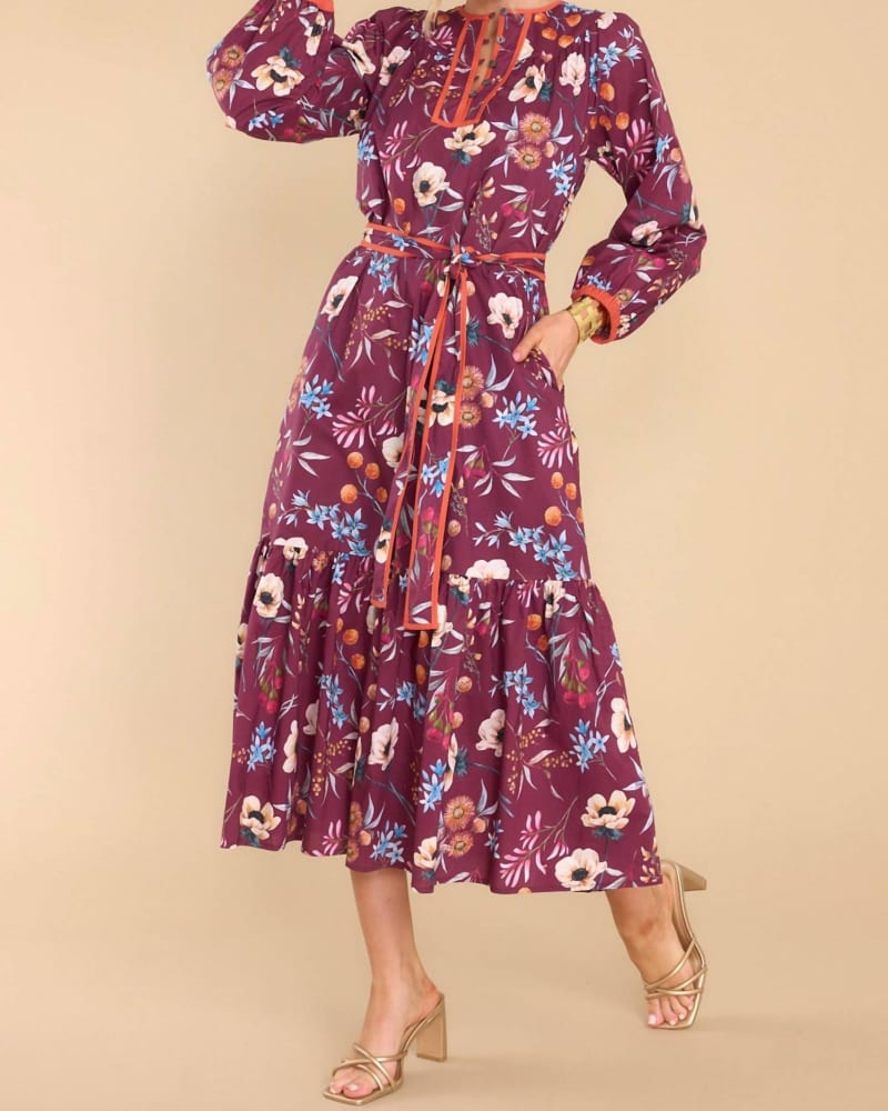 Front of a model wearing a size L Maeve Dress In Rasberry in Rasberry by Olivia James the Label. | dia_product_style_image_id:346749